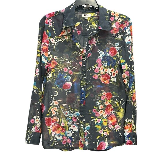 Kut from the Kloth  Women's Sheer Blouse Size LG Blue Floral Print Button Front - Picture 1 of 10